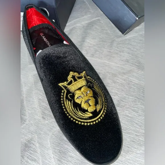 Elanroman loafers men’s velvet tiger black size 45 US 11 Embroidered shoes