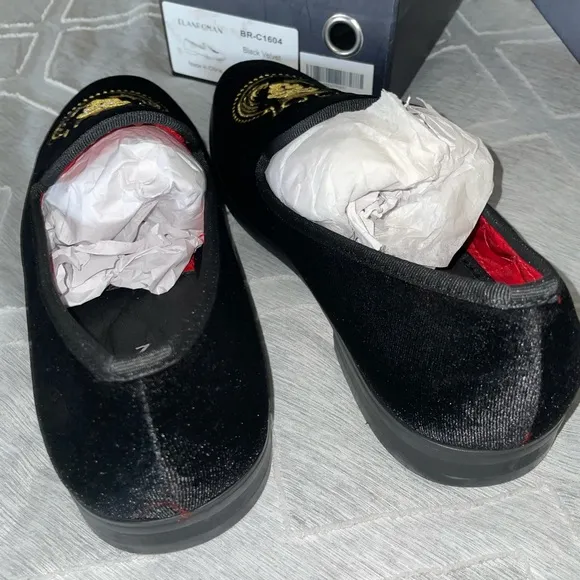 Elanroman loafers men’s velvet tiger black size 45 US 11 Embroidered shoes