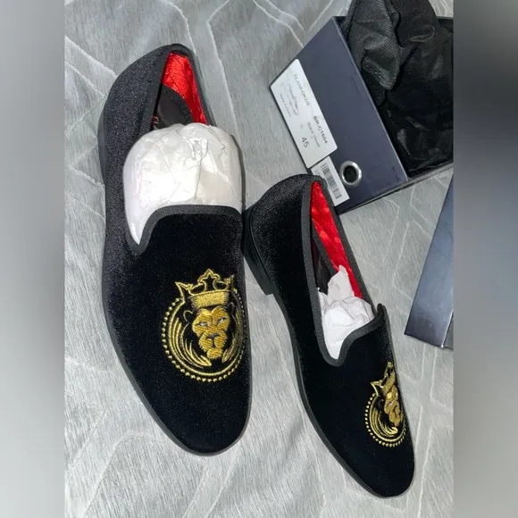 Elanroman loafers men’s velvet tiger black size 45 US 11 Embroidered shoes