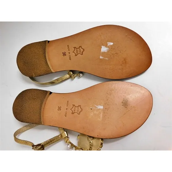 Emanuela Caruso Clear Jeweled Gold Leather Thong Flat Slingback Sandals 36