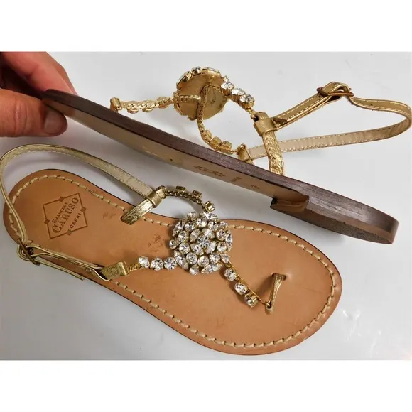 Emanuela Caruso Clear Jeweled Gold Leather Thong Flat Slingback Sandals 36