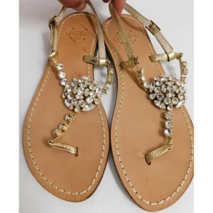 Emanuela Caruso Clear Jeweled Gold Leather Thong Flat Slingback Sandals 36