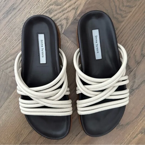 Emme Parsons Evvie Strappy Flat Slide Sandals in Cream and Brown Size 37 / 7