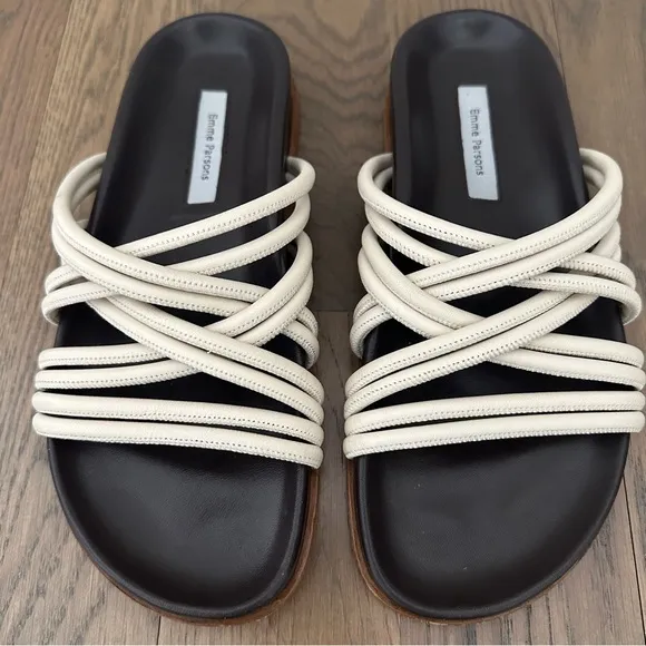 Emme Parsons Evvie Strappy Flat Slide Sandals in Cream and Brown Size 37 / 7