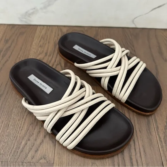 Emme Parsons Evvie Strappy Flat Slide Sandals in Cream and Brown Size 37 / 7