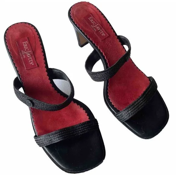 Eric Javits Womens Raffia Double Strap Slide Sandals Heels Black Size 7.5M