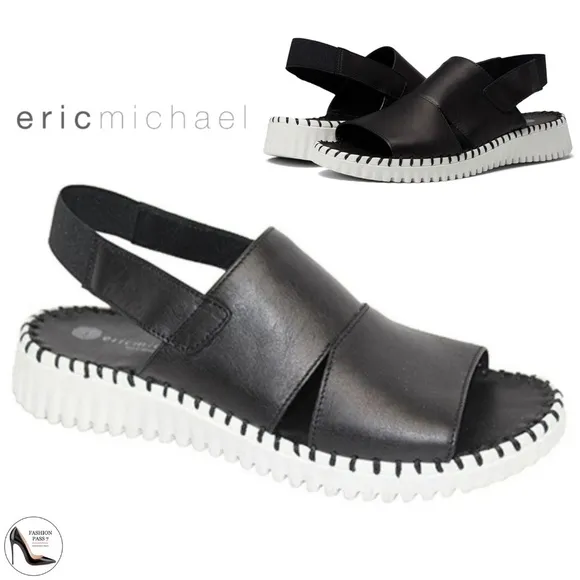 Eric Michael Sola Black Leather slingback women’s sandal white flat sole 39