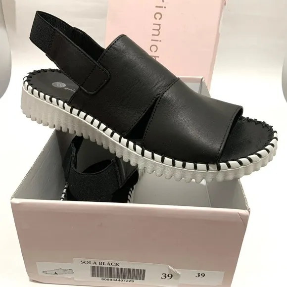 Eric Michael Sola Black Leather slingback women’s sandal white flat sole 39