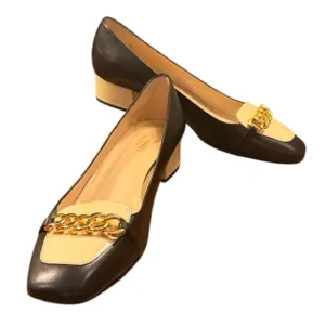 EUC Kate Spade Black/Cream Loafers with Gold Chain Heel 1.5” Size 8.5 MSRP $298