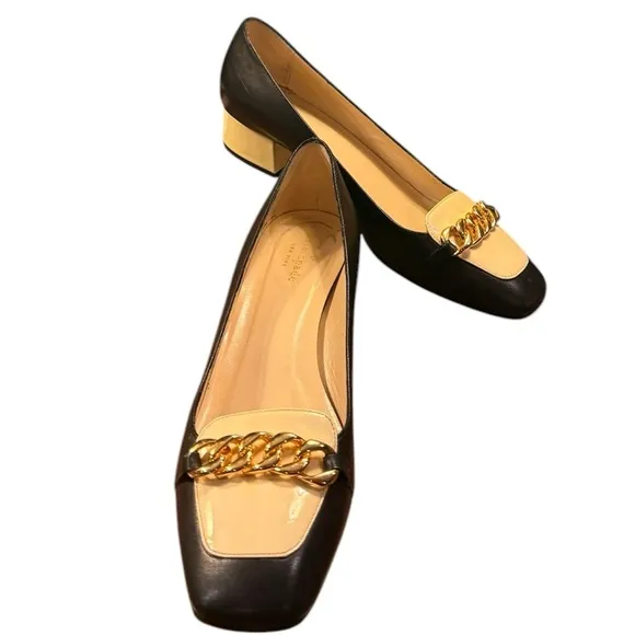 EUC Kate Spade Black/Cream Loafers with Gold Chain Heel 1.5” Size 8.5 MSRP $298