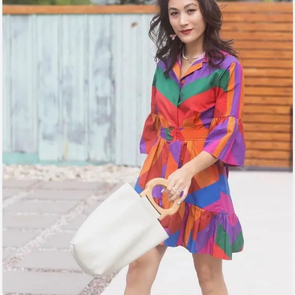 FARM RIO Amanda Stripes Mini Ruffle Button Front Multi-Colored Dress Size Medium