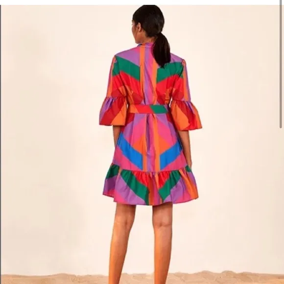FARM RIO Amanda Stripes Mini Ruffle Button Front Multi-Colored Dress Size Medium