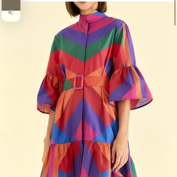 FARM RIO Amanda Stripes Mini Ruffle Button Front Multi-Colored Dress Size Medium