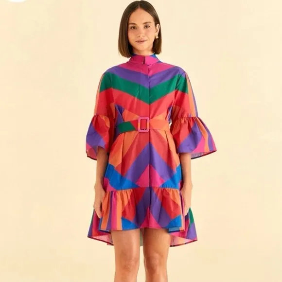 FARM RIO Amanda Stripes Mini Ruffle Button Front Multi-Colored Dress Size Medium