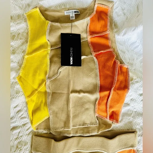 Fashion Nova Live a Little Yellow &amp; Orange Colorblock Ribbed Mini Skirt Set
