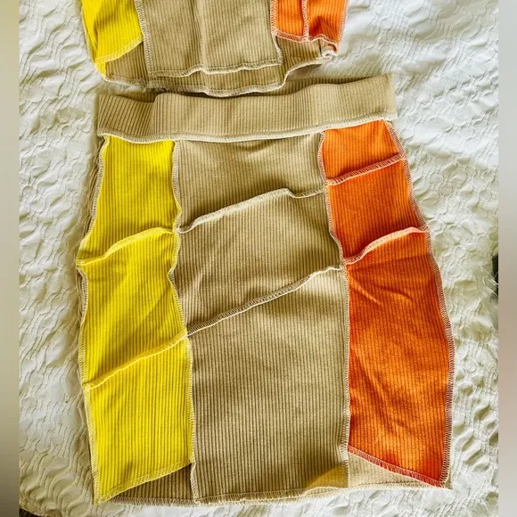 Fashion Nova Live a Little Yellow &amp; Orange Colorblock Ribbed Mini Skirt Set