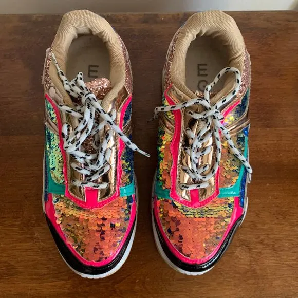 Fashion Nova Multicolor Sequined Glitter Patent Leather Sneakers Size 5