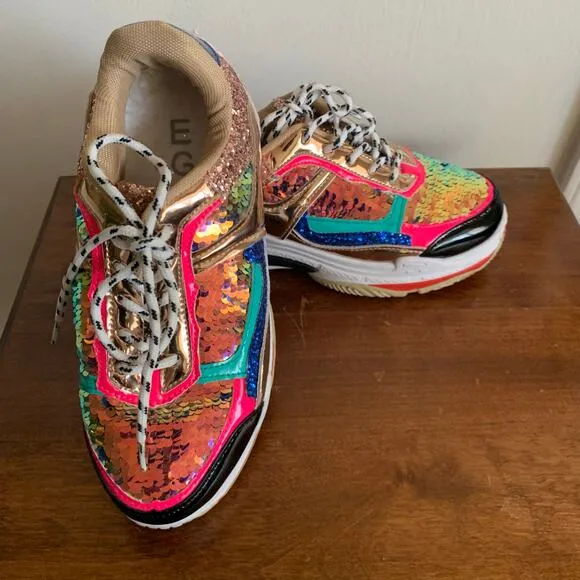 Fashion Nova Multicolor Sequined Glitter Patent Leather Sneakers Size 5