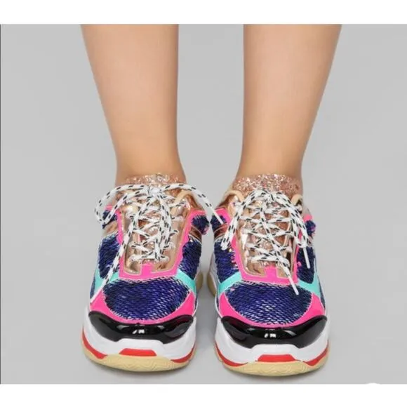 Fashion Nova Multicolor Sequined Glitter Patent Leather Sneakers Size 5