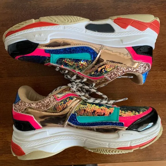Fashion Nova Multicolor Sequined Glitter Patent Leather Sneakers Size 5