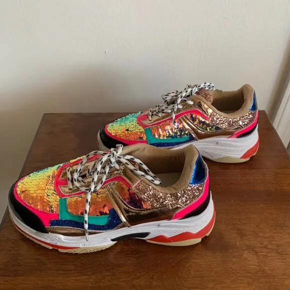 Fashion Nova Multicolor Sequined Glitter Patent Leather Sneakers Size 5