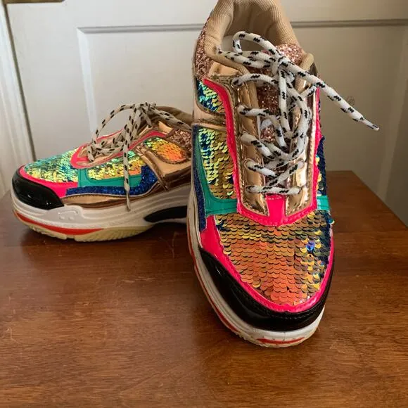 Fashion Nova Multicolor Sequined Glitter Patent Leather Sneakers Size 5