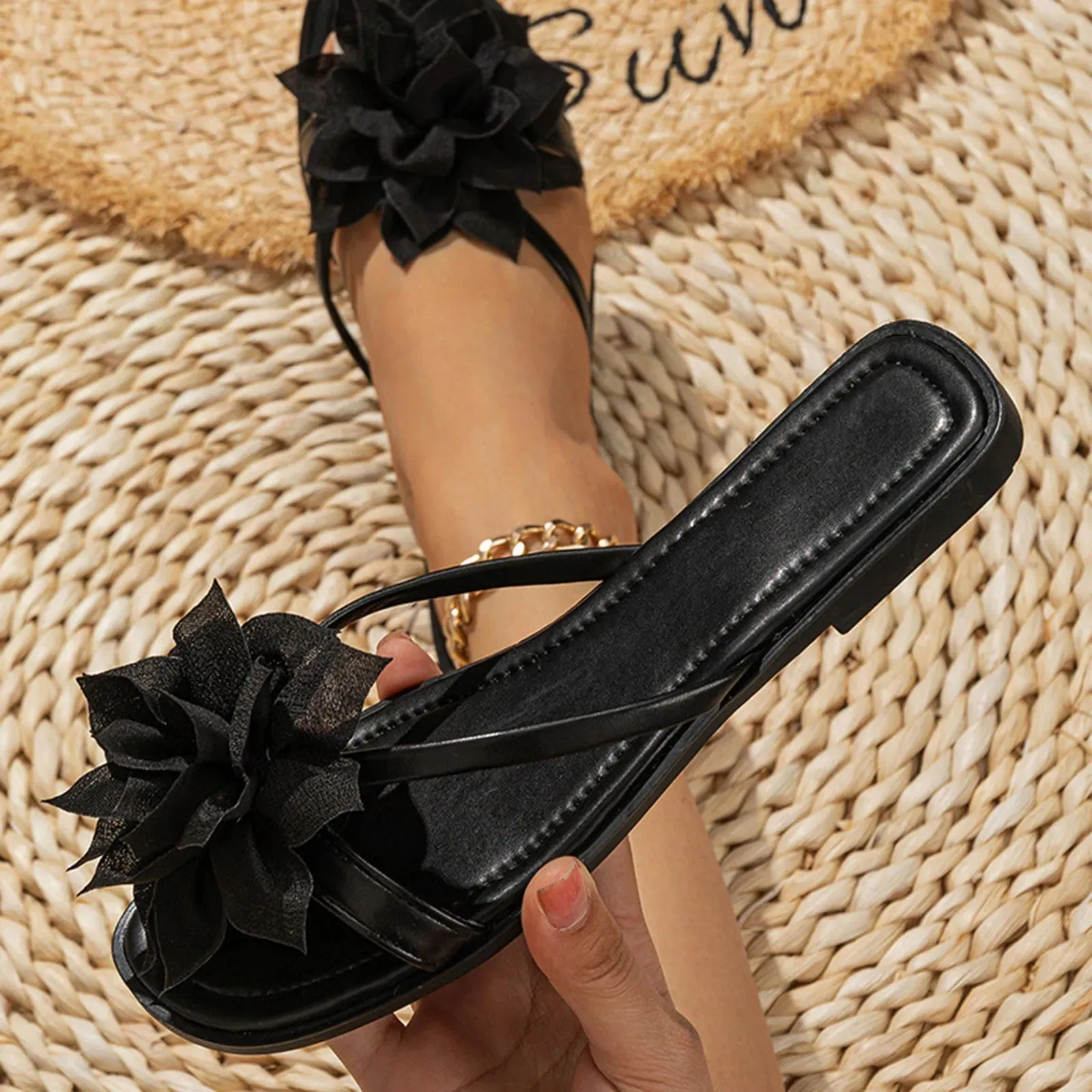 Fashion Summer Flat Clip Toe Sandals Women Cute Flower Non-slip Casual Flip Flops Outdoor Beach Vaction Slippers Slides Shoes
