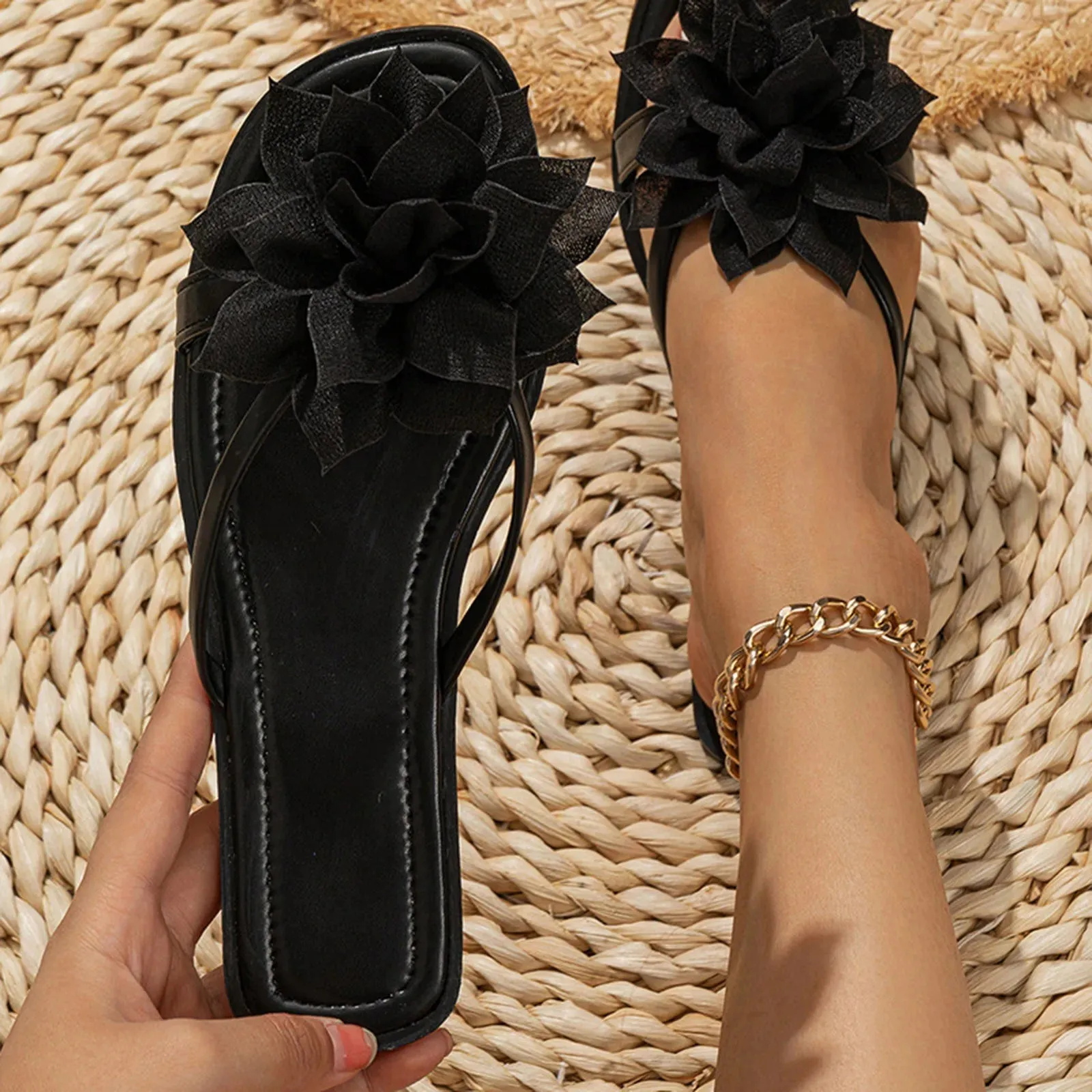 Fashion Summer Flat Clip Toe Sandals Women Cute Flower Non-slip Casual Flip Flops Outdoor Beach Vaction Slippers Slides Shoes
