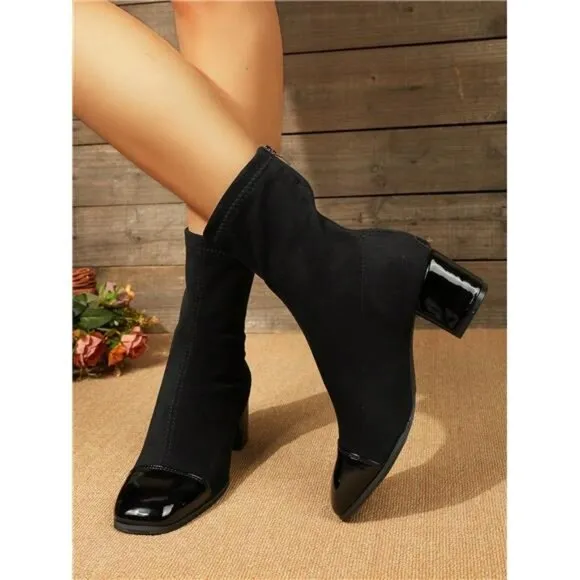 Fashionable British Style Ankle Boots, Thin Slip-On Short Boots, Chunky Heel
