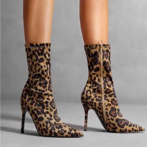 Fashionable Leopard Print Pointed Toe High Heel Ankle Boots For Women,