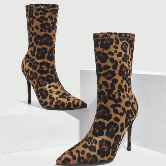 Fashionable Leopard Print Pointed Toe High Heel Ankle Boots For Women,