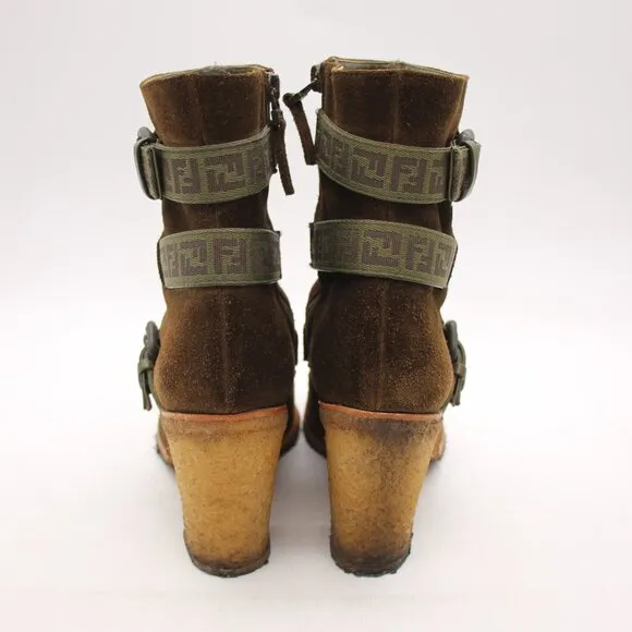 Fendi Heeled Boots Olive Green Suede Women's Size EU 38 Crepe Sole