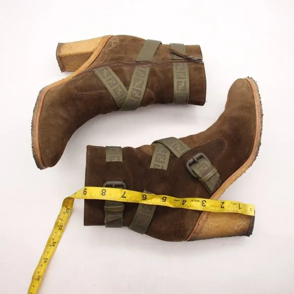 Fendi Heeled Boots Olive Green Suede Women's Size EU 38 Crepe Sole