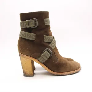Fendi Heeled Boots Olive Green Suede Women's Size EU 38 Crepe Sole