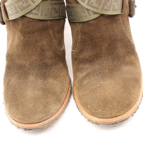 Fendi Heeled Boots Olive Green Suede Women's Size EU 38 Crepe Sole