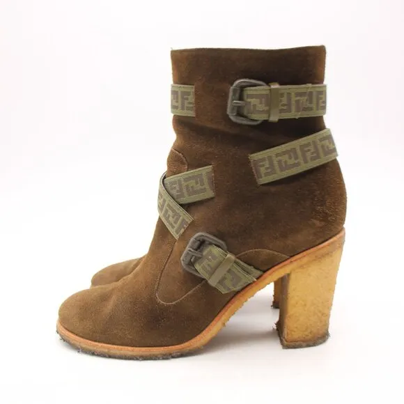Fendi Heeled Boots Olive Green Suede Women's Size EU 38 Crepe Sole