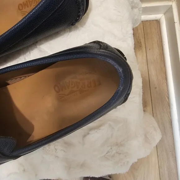 Ferragamo Men's Navy Leather Loafers Size 12