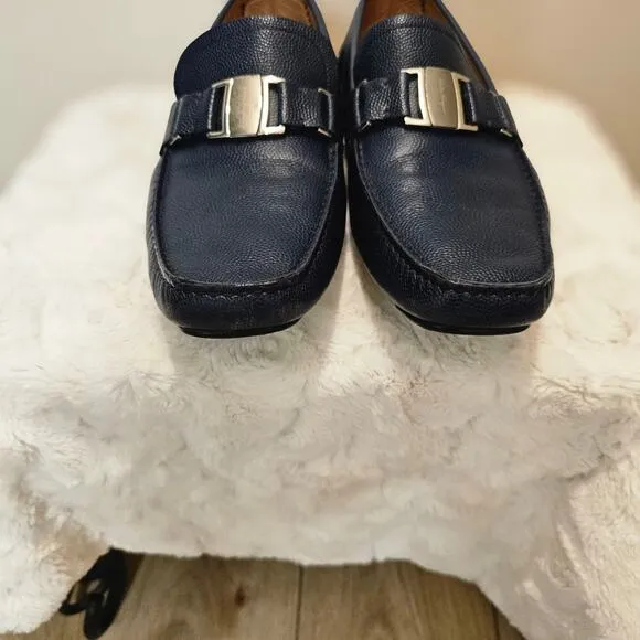 Ferragamo Men's Navy Leather Loafers Size 12