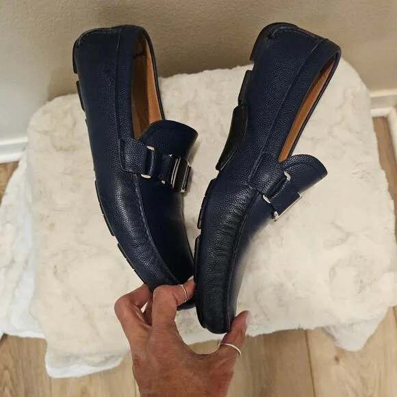 Ferragamo Men's Navy Leather Loafers Size 12