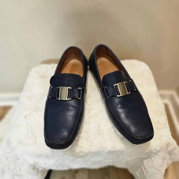 Ferragamo Men's Navy Leather Loafers Size 12