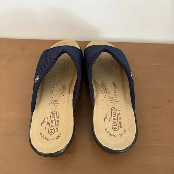 Fly Flot Mesh Slide Sandals Womens US 8.5 EU 39 Navy Italy Leather Insole NEW
