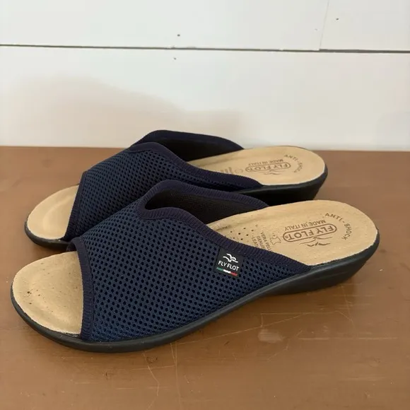 Fly Flot Mesh Slide Sandals Womens US 8.5 EU 39 Navy Italy Leather Insole NEW