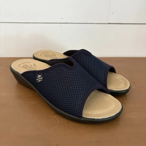 Fly Flot Mesh Slide Sandals Womens US 8.5 EU 39 Navy Italy Leather Insole NEW