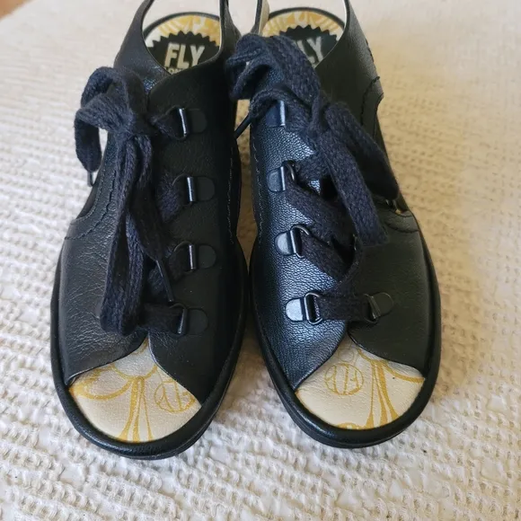 Fly London leather lace up wedge sandals Black Classic Peep Toe Like New