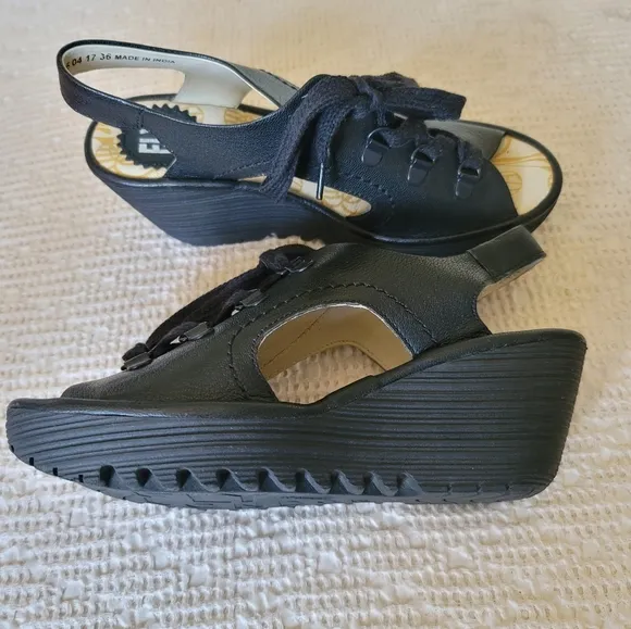 Fly London leather lace up wedge sandals Black Classic Peep Toe Like New
