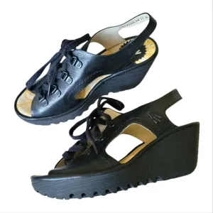 Fly London leather lace up wedge sandals Black Classic Peep Toe Like New
