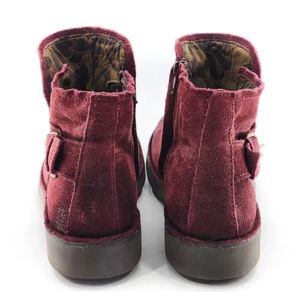 FLY LONDON Neba Wine Suede Ankle Boots Red Buckle Zip