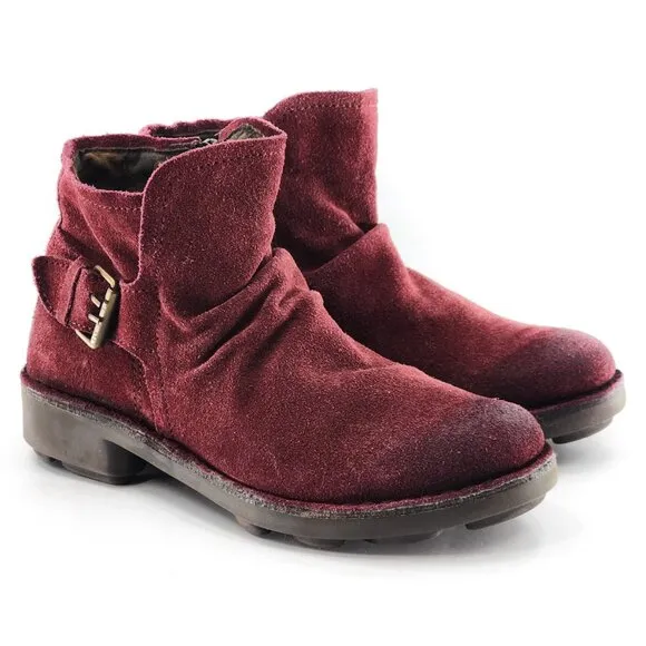 FLY LONDON Neba Wine Suede Ankle Boots Red Buckle Zip