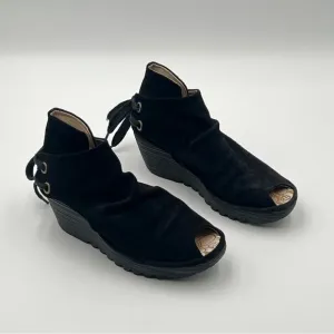 FLY London Yama Black Suede Wedge Ankle Booties Peep Toe Back Tie EU 39 US 8.5