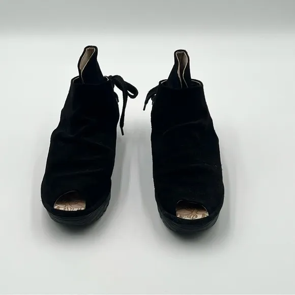 FLY London Yama Black Suede Wedge Ankle Booties Peep Toe Back Tie EU 39 US 8.5